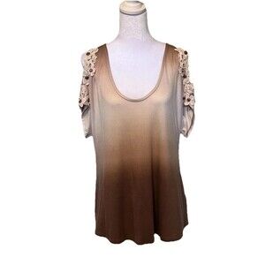 Venus Womens Cold Shoulder Short Sleeve Brown Ombre Crochet Beads Hi Lo Top L